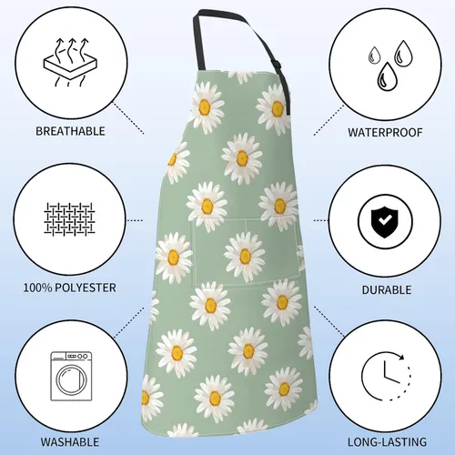 Vista 3 de Delantal floral de margaritas blancas para mujer, 28 x 33 pulgadas, delantales de cocina de primavera fresca con 2 bolsillos, tela Oxford, delantal
