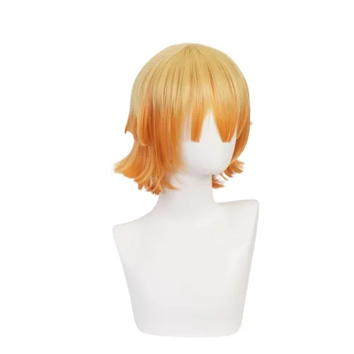 Vista 4 de Peluca corta naranja amarilla ombré peluca con flequillo peluca recta en capas para hombres y niños, peluca sintética anime cosplay peluca