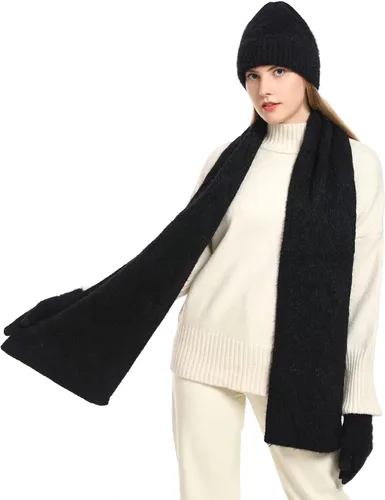Vista 6 de ecodudo Conjunto de bufanda y gorro de invierno para mujer, conjunto de guantes para pantalla táctil con pompón para mujer