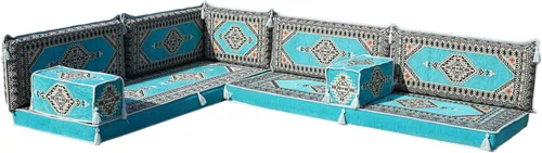 Vista 139 de arabicsofa Juego de asientos Jalsa en forma de L – Majlis árabe hecho a mano con almohadas de respaldo