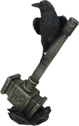 Vista 3 de Ebros Gift Huginn Muninn Odin Raven posado en el martillo de Thor Mjolnir con símbolo de runas y triple cuerno Skaldenmet Figura decorativa nórdica