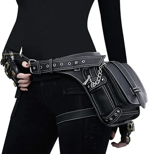 Vista 6 de Riñonera gótica, punk, táctica, para exteriores, bicicleta, motocicleta, ciclismo, senderismo, riñonera para cadera/muslo, bolsa de hombro negra