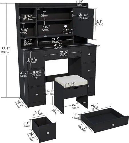 Vista 6 de Viaozutis Escritorio de tocador con espejo y luces LED, toma de corriente integrada, iluminación LED regulable, 7 cajones y 7 compartimentos