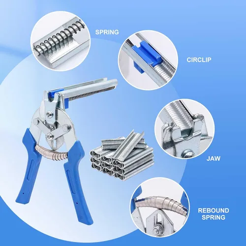 Vista 4 de Alicates de anillo de uñas tipo M para esgrima con 2400 clips M, kit de alicates de anillo de cerdo, herramienta de mano de reparación de tapicería