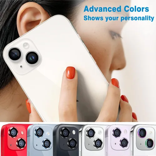Vista 7 de Compatible con iPhone 14 y 14 Plus, protector de lente de cámara antiarañazos, protector de pantalla de vidrio templado 9H, anillo de cámara a Negro