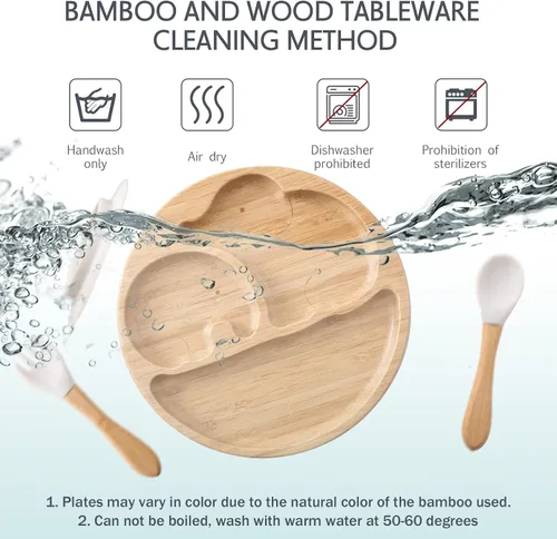 Vista 9 de Placas de succión para bebés y niños pequeños, platos de alimentación divididos de bambú con tenedor y cuchara de silicona, platos de comida
