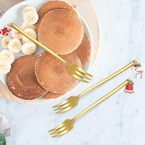 Vista 4 de Juego de cubiertos dorados de Navidad para postre, cubiertos de acero inoxidable, 6 piezas, utensilios de aperitivo con mango de abalorios
