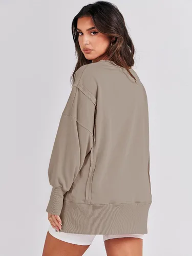 Vista 5 de ANRABESS Sudadera de gran tamaño para mujer, cuello redondo, manga larga, casual, con abertura, sin botones, ropa de otoño