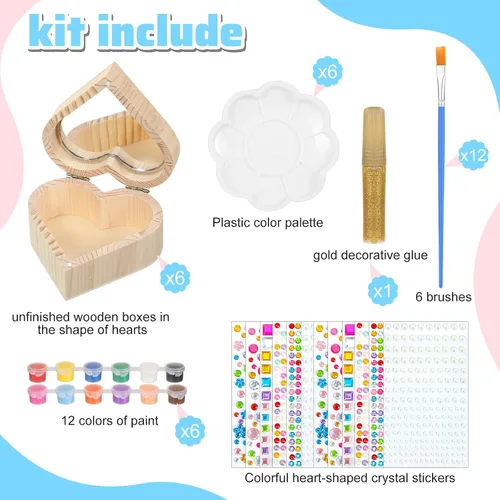 Vista 2 de Kigley Juego de 6 cajas de madera para pintar tu propio corazón, caja de joyería de madera sin acabar, cajas en forma de corazón para el día de San
