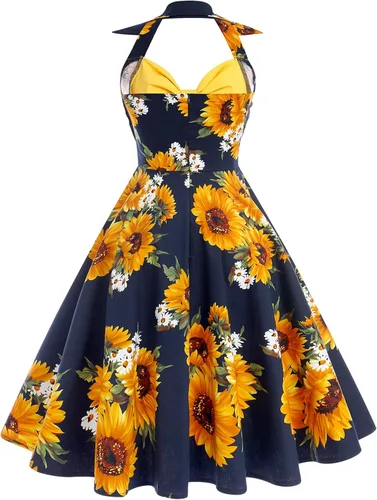 Vista 3 de Vestido de cóctel vintage de los años 50 con botones florales de los años 50, Rockabilly Audrey Hepburn, vestido de fiesta de té