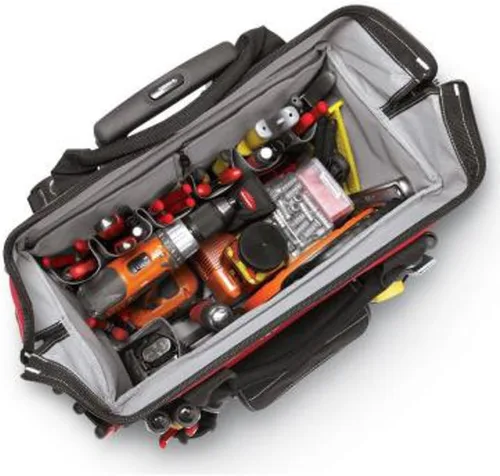 Vista 2 de Husky 600-Denier bolsa para herramientas enrollable de contratista, impermeable, rojo, 18 pulgadas con mango telescópico.