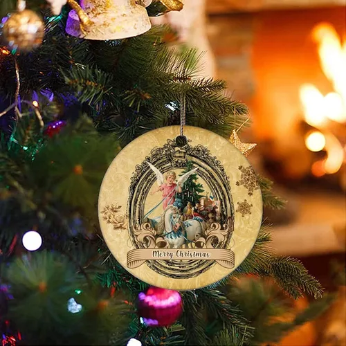 Vista 3 de Adorno de Navidad de cerámica con diseño retro de dos lados impresos, novedad para familiares, amigos, niños, textura de papel vintage, colgantes