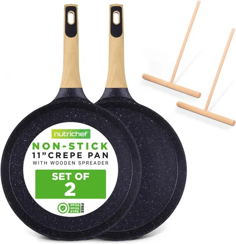 Vista 14 de NutriChef - Sartén para crepes de 24 cm (9.45 pulgadas) antiadherente con esparcidora de madera, sartén Dosa de mármol recubierto duradero, mango