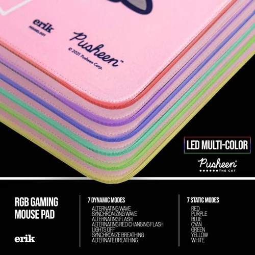 Vista 3 de Erik - Alfombrilla de mouse para juegos Pusheen XXL RGB oficial Alfombrilla de mouse LED 35.433 x 15.748 x 0.157 in Base de goma antideslizante