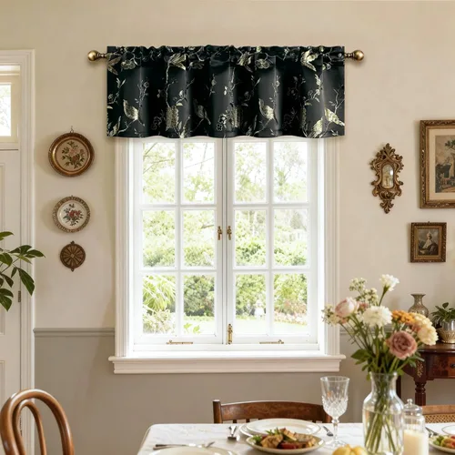 Vista 2 de VOGOL Cortinas de cenefa de jacquard dorado con diseño de flores de lujo para dormitorio, sala de estar, comedor, 52 x 14 pulgadas, 1 panel, negro
