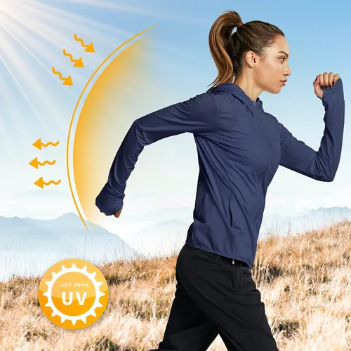Vista 2 de Libin sudadera con capucha para mujer, con cremallera completa, UPF 50+, capucha con protección solar, de manga larga, para senderismo