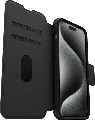 Vista 5 de OtterBox Funda Strada Folio Series para iPhone 15 Pro MAX (solamente), color negro (negro), tarjetero, broches a MagSafe, piel auténtica, apta