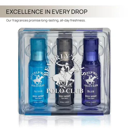 Vista 2 de Beverly Hills Polo Club Colección Signature Body Spray para hombre Juego de 3 piezas: azul, activo, sexy, fragancias versátiles para cada ocasión