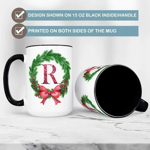 Vista 2 de Taza de café de cerámica con inicial de corona de Navidad, 11 o 15 onzas