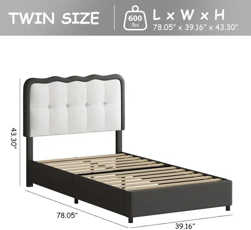 Vista 2 de BarnFurin Base de cama individual, cama de plataforma tapizada con cabecera de nube, marco de cama moderno con diseño suave anticolisión, no Negro