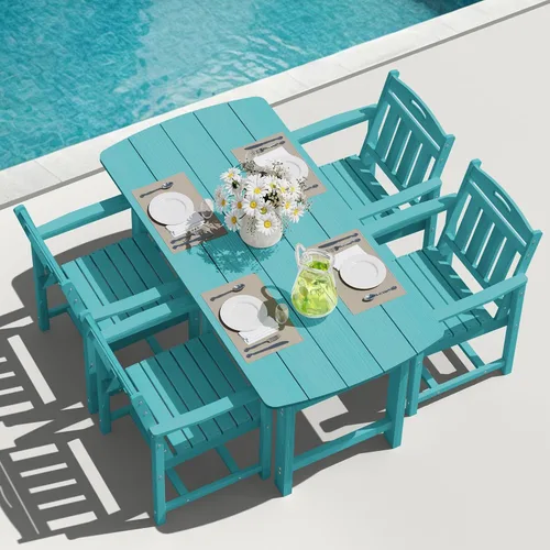 Vista 51 de Mesa de comedor rectangular para exteriores, mesa de polietileno de alta densidad resistente para 6, mesa de patio resistente a la intemperie