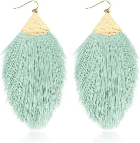 Vista 15 de Aretes bohemios de hilo sedoso con flecos y borlas – Ligeros, colgantes, con hebras y forma de pluma Fleco de plumas - Azul Aqua