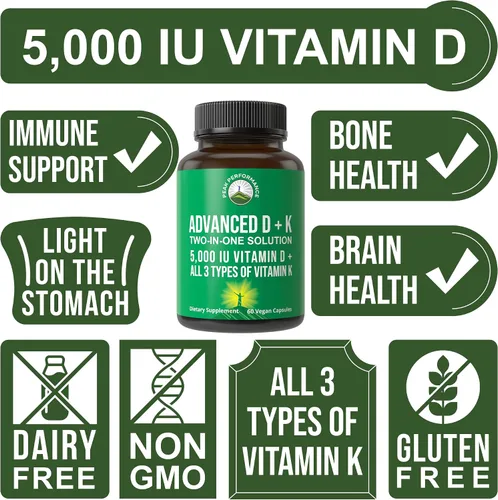 Vista 3 de Peak Performance Vitamina D avanzada de 5000 UI con los 3 tipos de vitamina K, vitamina D3 y vitamina K2, K1, MK-7 (MK7), suplemento MK4. 60