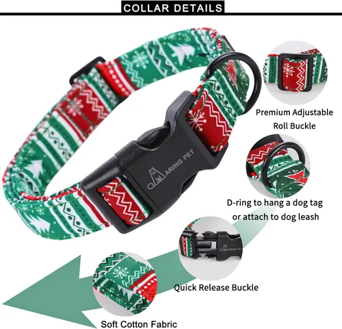 Vista 3 de ARING PET Collar de Navidad para perro, lindo collar de copos de nieve populares rojo y verde con hebilla de liberación rápida para cachorros