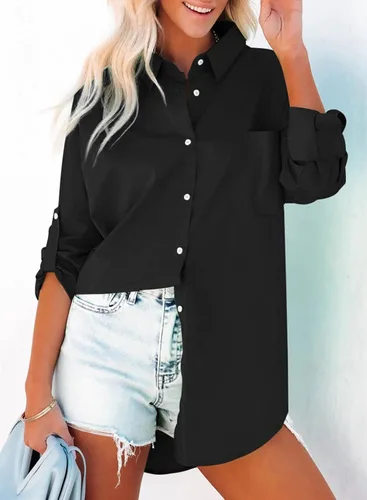 Vista 5 de Dokotoo Camisas casuales con botones para mujer, de manga larga, blusas tipo túnica de gran