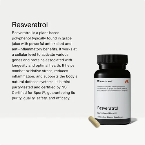 Vista 2 de Momentous Suplemento de resveratrol 450 mg - Trans-resveratrol para un envejecimiento saludable, cerebro y apoyo cardíaco - Certificado NSF