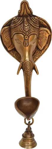 Vista 2 de Aakrati Colgante de pared Cara Ganesha decorativa con Diya y campana Showpiece con campana - 21 Cm en Metal Latón