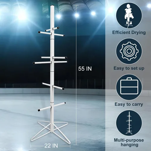 Vista 7 de Estante de secado de equipo de hockey de metal para almacenar equipos deportivos para adultos y niños, 4 clips adicionales para colgar