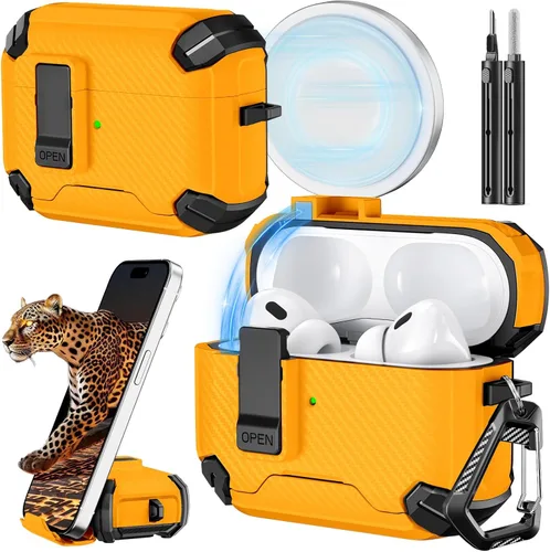 Vista 18 de Inesore Funda para AirPods Pro 1ª/2ª con bloqueo seguro (verde oscuro) Cubierta magnética de bloqueo automático con soporte para teléfono y kit