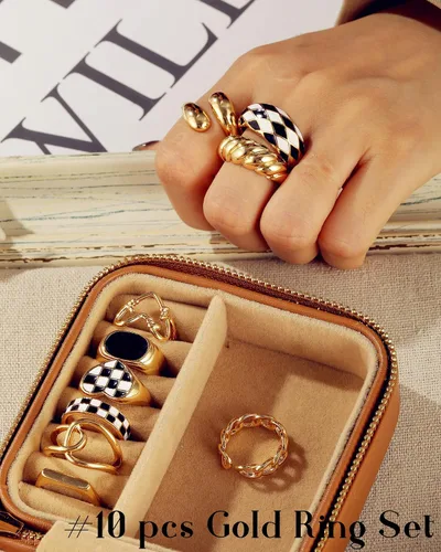 Vista 9 de FAXHION Juego de 10 anillos gruesos de oro de 18 quilates para mujeres y niñas, anillos trenzados chapados en oro, apilables, anillos midi, anillos