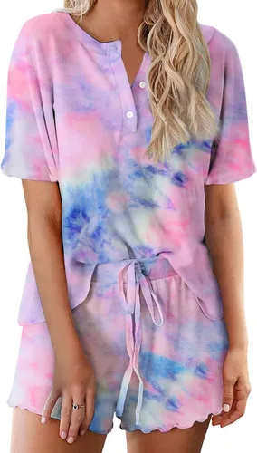 Vista 11 de Ekouaer Conjunto de pijamas teñidos con técnica tie dye para mujer, ropa de dormir, 2 piezas, conjuntos de pijamas, ropa de relajación A-tie Dye