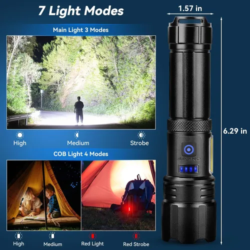 Vista 6 de Linternas recargables de alto lúmenes, 99,000 LM linterna LED brillante alimentada, linternas recargables USB y luces flash de mano impermeables