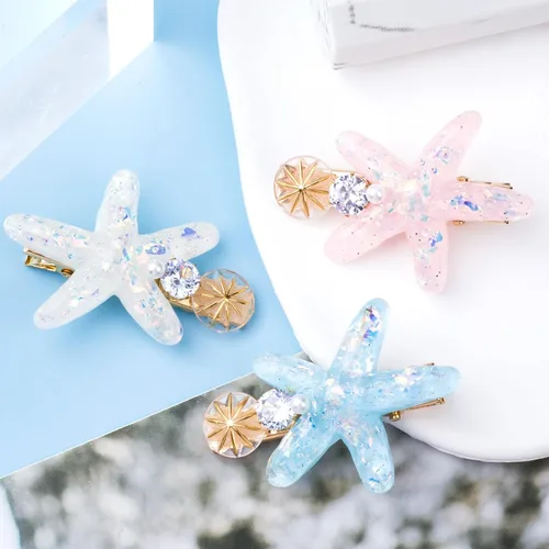 Vista 3 de PAGOW 3 pinzas para el cabello con estrella de mar, pinzas para el cabello de cristal, soporte para cola de caballo de estrella de mar, accesorios