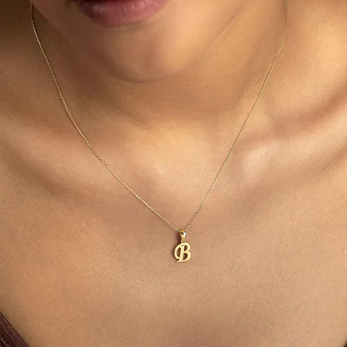 Vista 2 de 14K Solid Gold Cursive Initial Necklace 14K Real Gold Script Letter Necklace for Women 14K Yellow Gold Alphabet Pendant Necklace Dainty 14K Gold
