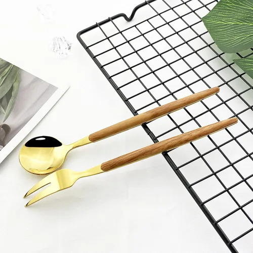 Vista 6 de JASHII Juego de cubiertos de madera de acero inoxidable de 20 piezas, mango de madera, cuchillo tenedor, cuchara, utensilios de cocina para 4