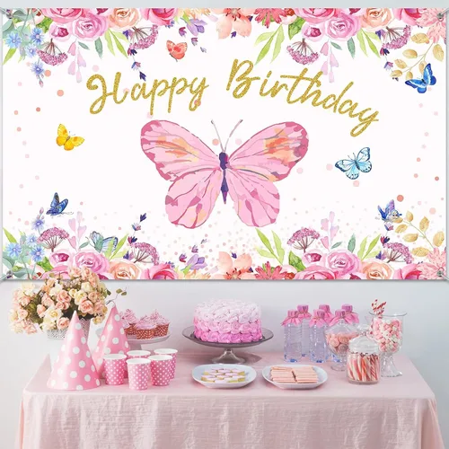 Vista 4 de Tatuo Telón de fondo de mariposa de feliz cumpleaños de 6 x 4 pies, decoración de fiesta de cumpleaños de mariposa rosa para niñas y mujeres