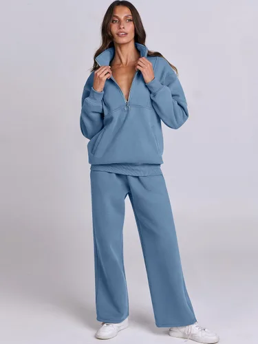 Vista 2 de ANRABESS Conjunto de 2 piezas para mujer, sudadera de gran tamaño con media cremallera a juego, pantalón de pierna ancha, conjunto de ropa