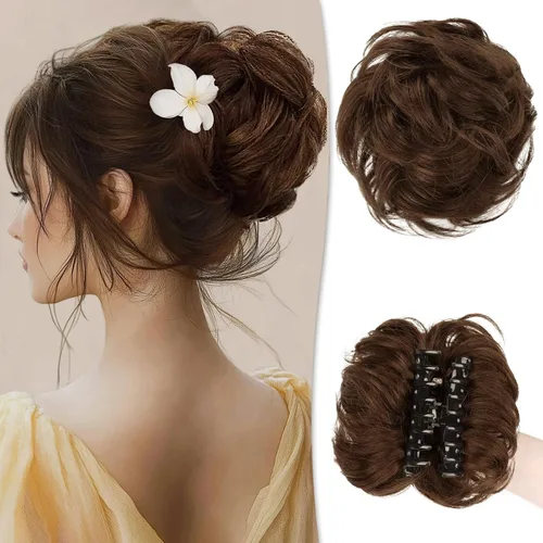 Vista 35 de RUWISS Extensiones de cabello humano real, ondulado y rizado, moño despeinado, cola de caballo para mujer (12H24# castaño rojo/rubio mediano)