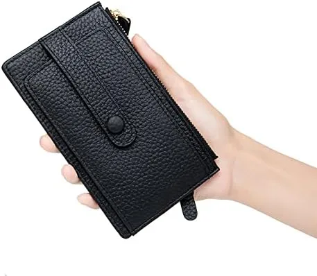 Vista 6 de Cartera delgada de piel auténtica para mujer, con tarjetero plegable para tarjetas de identificación, d1 negro