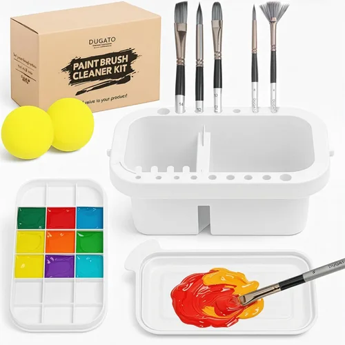 Vista 9 de DUGATO Limpiador de pinceles, lavadora, soporte y paleta 3 en 1, lavabo para artistas con tapa y esponjas para acrílico, acuarela, pintura al óleo