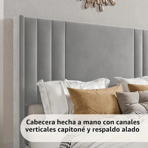 Vista 4 de Albott Base de cama de plataforma tamaño King, cama tapizada con cabecera y estribo con alas capitoné de canal vertical, terciopelo de alta calidad