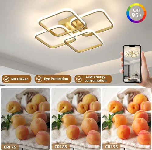 Vista 3 de CANEOE Lámpara de techo LED dorada moderna de 4 cuadrados, regulable, control remoto, montaje empotrado cuadrado, iluminación