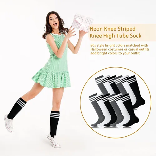 Vista 7 de SATINIOR 6 pares de calcetines de fútbol hasta la rodilla para jóvenes, tubo a rayas, calcetines largos de fútbol para niños, niñas, mujeres