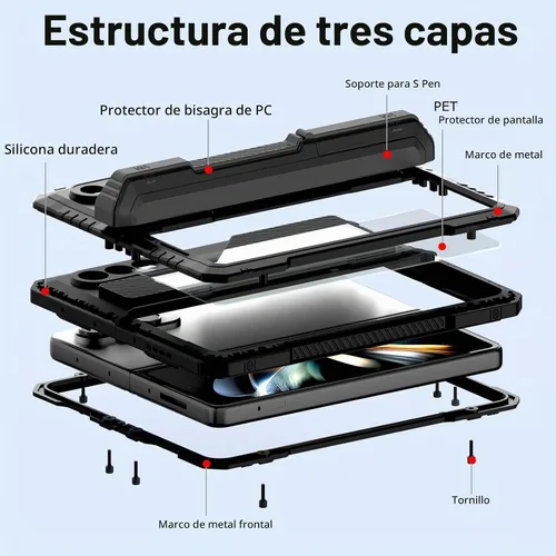 Vista 3 de Funda de metal para Samsung Galaxy Z Fold 4 con soporte para bolígrafo S, funda militar resistente Z Fold4 con protector de pantalla integrado Negro