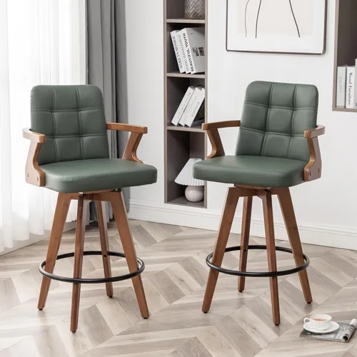 Vista 13 de MEKLIBA Taburetes de bar de 26” de altura de mostrador, Silla de bar tapizada en cuero, Taburetes giratorios con respaldo y brazos, Juego moderno