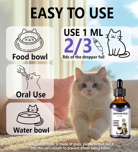 Vista 5 de Alivio del estreñimiento para gatos, laxante 100% natural para gatos, 2 onzas líquidas con probióticos suavizante de heces para gatos, promueve